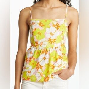 New SANCTUARY Sunny Days Retro Floral Print Linen Blend Open Back Tank Top | S